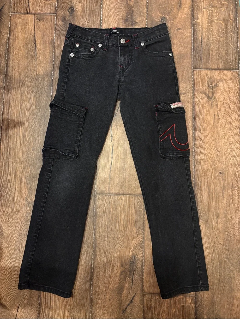 True Religion Boys Black Embroidered Ricky Relaxed Straight Jeans